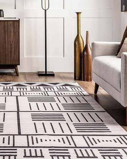 nuLOOM Evia Tribal Stripes Machine Washable Ultra Thin Area Rug, 8' x 10', Charcoal - LeafyLoom