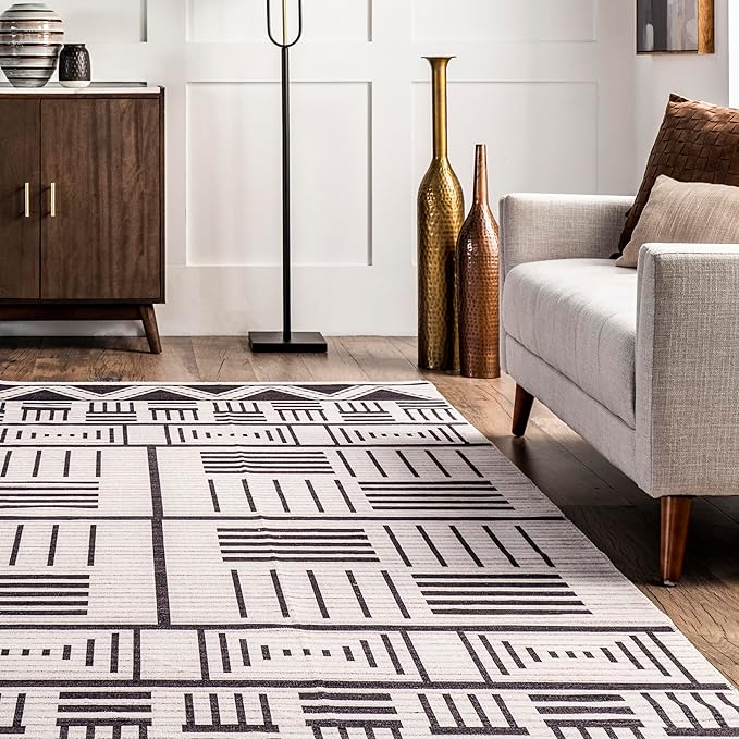 nuLOOM Evia Tribal Stripes Machine Washable Ultra Thin Area Rug, 8' x 10', Charcoal - LeafyLoom
