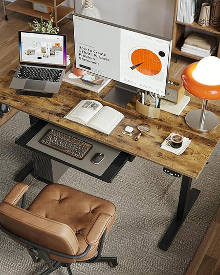 Height Adjustable Desk with Keyboard Tray, 55 x 24 Inches Electric Standing Desk, Stand up Computer Table with Memory Preset, Rustic Brown, Splice Board - LeafyLoom