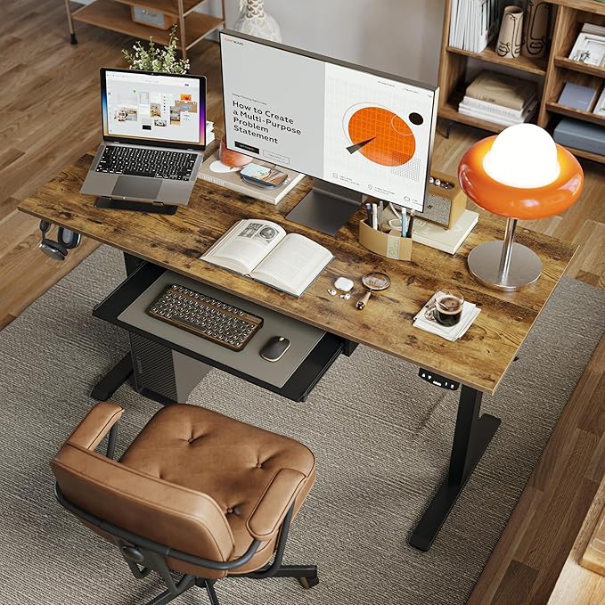 Height Adjustable Desk with Keyboard Tray, 55 x 24 Inches Electric Standing Desk, Stand up Computer Table with Memory Preset, Rustic Brown, Splice Board - LeafyLoom