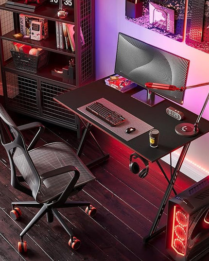 CubiCubi Gaming Desk 47 Inch PC Computer Desk, Carbon Fiber Home Office Desk Table Gamer Workstation, Simple Game Table with Headphone Hook, Black - LeafyLoom