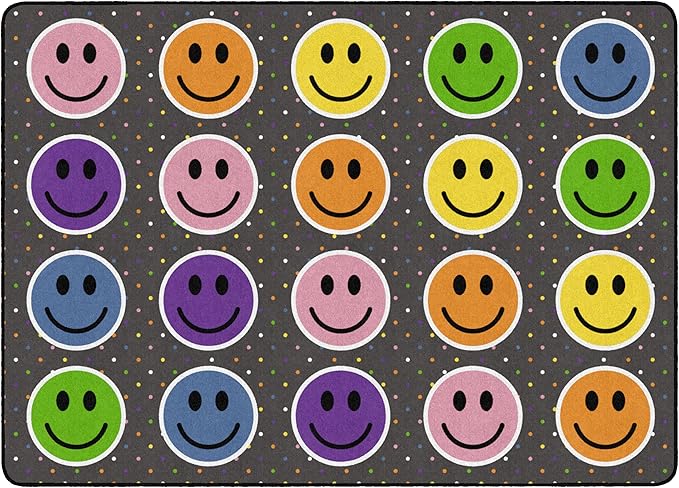 Flagship Carpets Smiley Seating (Seats 20) Classroom Area Rug or Educational Learning Mat, Kids Room or Playroom Carpet, 6' x 8'4", Gray/Multi - LeafyLoom