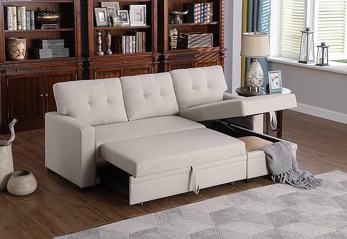RITSU L-Shaped Sofa with Storage Space Pull Out Sleeper Bed, Linen Corner Couch Tufted Cushion, Removable Back, Suitable for Living Room, Bedroom, Apartment, Dormitory, Beige, 82 inch - LeafyLoom