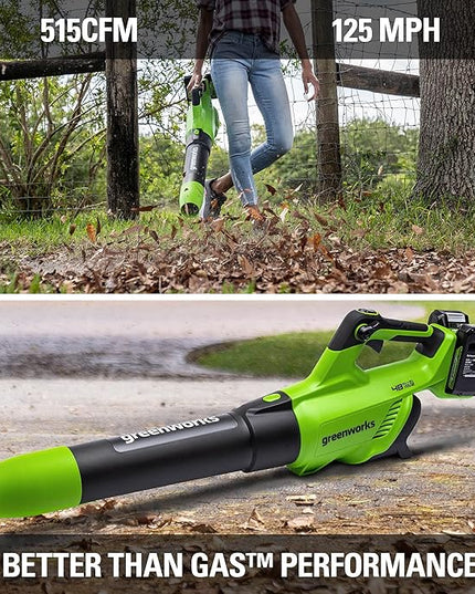 Greenworks 48V (2 x 24V) Cordless Axial Leaf Blower (125 MPH / 515 CFM / 125+ Compatible Tools), (2) 2.0Ah Batteries and Dual Port Charger Included - LeafyLoom