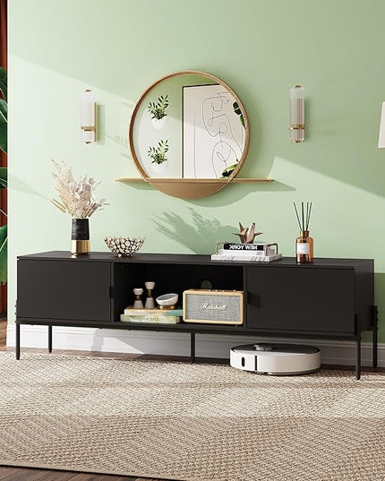 WLIVE Modern TV Stand for 65 Inch TV, Mid Century Entainment Center with Storage, TV Console with Open Shelf and 2 Cabinets for Bedroom and Living Room, TV Cabinet with Metal Legs, Black - LeafyLoom