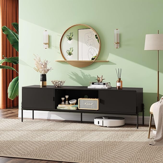 WLIVE Modern TV Stand for 65 Inch TV, Mid Century Entainment Center with Storage, TV Console with Open Shelf and 2 Cabinets for Bedroom and Living Room, TV Cabinet with Metal Legs, Black - LeafyLoom