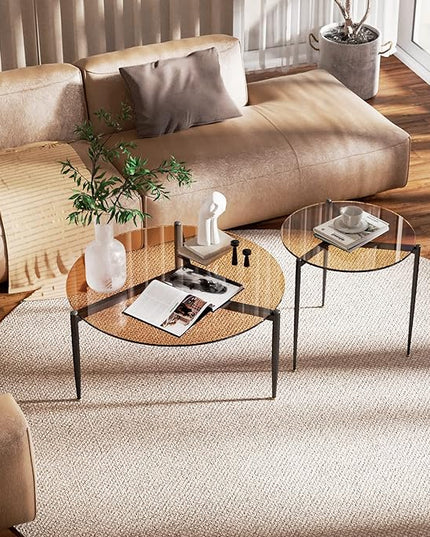 Round Tempered Glass Table: 31.5 inch Large Circle Top Storage Shelf with Metal Frame, Modern Coffee Table Center Desk Luxury Furniture for Living Room, Brown - LeafyLoom