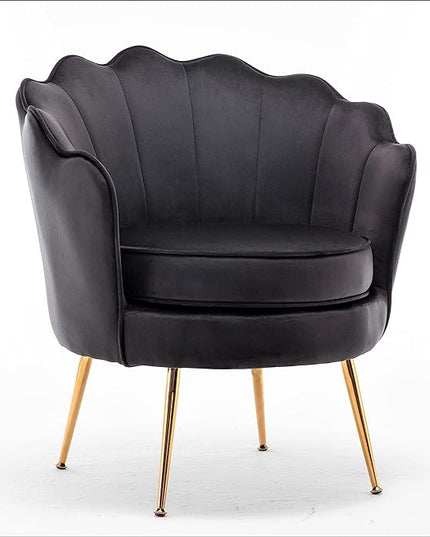 Velvet Barrel Accent Chair with Scalloped Silhouette and Gold Metal Legs, Decorative Piece Suitable for Traditional, Modern, and Contemporary Spaces, Black - LeafyLoom