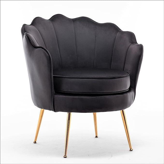 Velvet Barrel Accent Chair with Scalloped Silhouette and Gold Metal Legs, Decorative Piece Suitable for Traditional, Modern, and Contemporary Spaces, Black - LeafyLoom