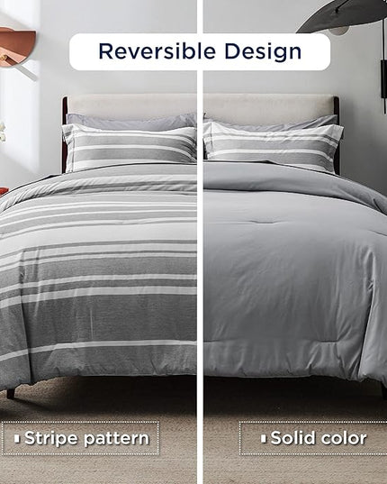 Bedsure California King Comforter Set Size 7 Pieces, Gray White Striped Cali King Bed Set All Season Bedding Sets, Bed in a Bag with Comforter, Sheets, Pillowcases & Shams - LeafyLoom