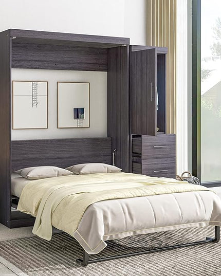 Full Size Murphy Bed, Multifunctional Storage Bed Wall Bed with 3 Drawers and Wardrobe, Can be Folded into a Cabinet, Ideal for Small Spaces Place, No Box Spring Needed, Gray - LeafyLoom