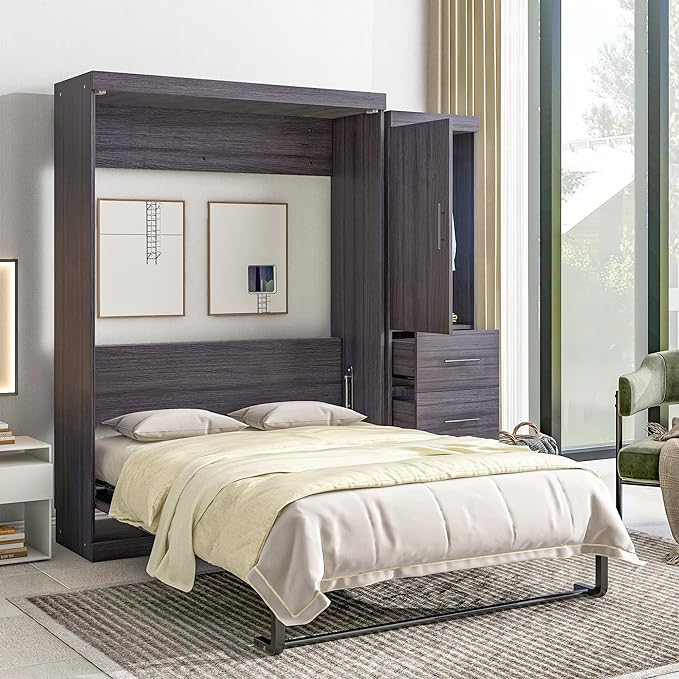 Full Size Murphy Bed, Multifunctional Storage Bed Wall Bed with 3 Drawers and Wardrobe, Can be Folded into a Cabinet, Ideal for Small Spaces Place, No Box Spring Needed, Gray - LeafyLoom