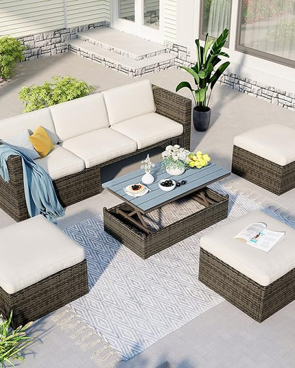 5 Pieces Patio Furniture Sets All Weather Wicker Rattan Sectional Sofa Outdoor Conversation with Adustable Backrest, Cushions, Ottomans and Lift Top Coffee Table for Poolside, Garden, Backyard - LeafyLoom