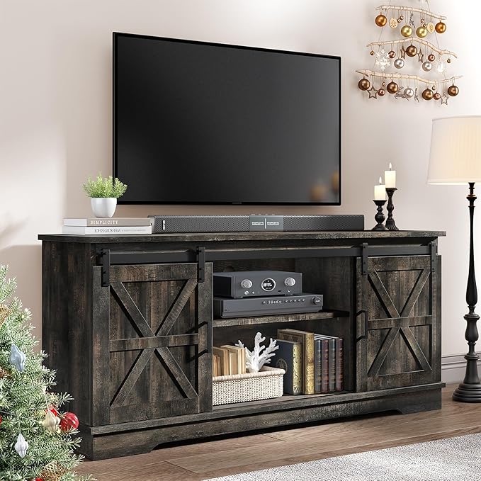 YITAHOME TV Stand for 65 55 Inch TV, Farmhouse Entertainment Center with Storage Cabinet and Sliding Barn Doors, Rustic TV Cabinet Media Console Table for Living Room, Dark Rustic Oak - LeafyLoom