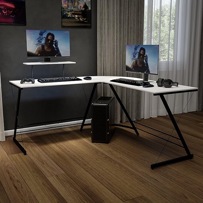 Flash Furniture Ginny Corner Desk - White/Black Space Saving L-Shaped Gaming Desk with Monitor Shelf - 71.5" 2-Tier Computer Desk, Home Office Desk, Easy Assembly - LeafyLoom