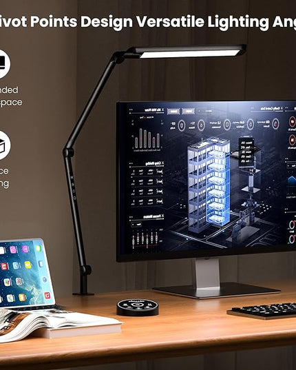 LED Desk Lamp with Clamp, 12W Eye-Caring Swing Arm Table Lamp, Stepless Dimming and Adjustable Color Temperature,Modern Architect Lamp with Memory and Timing Function for Study, Work, Home, Office - LeafyLoom