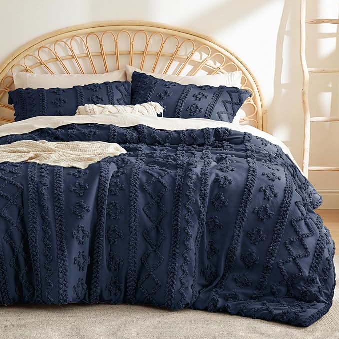 Bedsure Tufted Boho Comforter Set Queen - Navy Boho Bedding Comforter Set, 3 Pieces Farmhouse Shabby Chic Embroidery Bed Set, Soft Jacquard Comforter for All Seasons - LeafyLoom