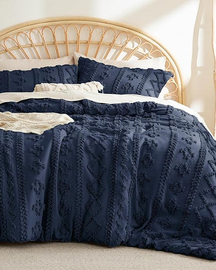 Bedsure Twin/Twin XL Comforter Set Dorm Bedding - Navy Boho Bedding Comforter Set, 2 Pieces Farmhouse Shabby Chic Embroidery Bed Set, Soft Jacquard Tufted Comforter for College - LeafyLoom