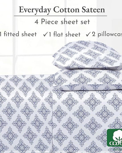 California Design Den Queen Bed Sheet Set, 100% Cotton Sateen Printed Pattern, 4 Pc Deep Pocket Queen Sheets & Pillowcase Set - Filigree - LeafyLoom