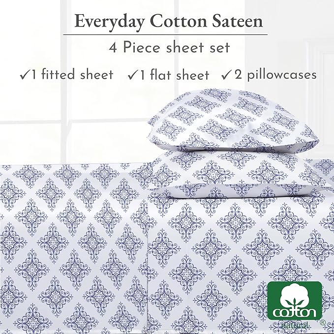 California Design Den Queen Bed Sheet Set, 100% Cotton Sateen Printed Pattern, 4 Pc Deep Pocket Queen Sheets & Pillowcase Set - Filigree - LeafyLoom