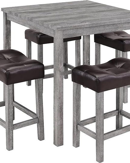 5 Piece Square, Industrial Breakfast Table + 4 Upholstered Stools, Bistro Dining Set, for Living, Small Apartment, Farmhouse, Game Room, Brown+Light Gray - LeafyLoom