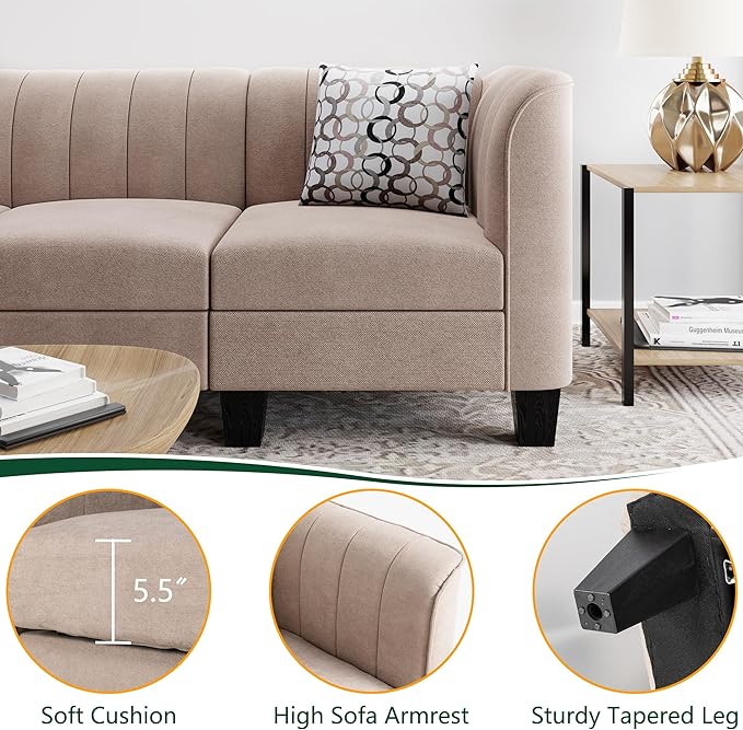 Shintenchi Upgraded Convertible Sectional Sofa Couch, 3 Seat L Shaped Sofa with High Armrest Linen Fabric Small Couch Mid Century for Living Room, Apartment and Office (Beige) - LeafyLoom