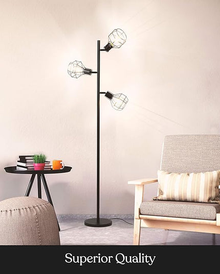 Brightech Robin LED Floor Lamp, Industrial Tree Lamp for Living Rooms & Offices, Tall Lamp with 3 Cages Heads & Vintage Edison Bulbs, Rustic Standing Lamp for Reading, and Tall Lamp for Crafts - Black - LeafyLoom