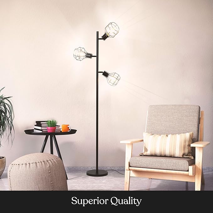 Brightech Robin LED Floor Lamp, Industrial Tree Lamp for Living Rooms & Offices, Tall Lamp with 3 Cages Heads & Vintage Edison Bulbs, Rustic Standing Lamp for Reading, and Tall Lamp for Crafts - Black - LeafyLoom