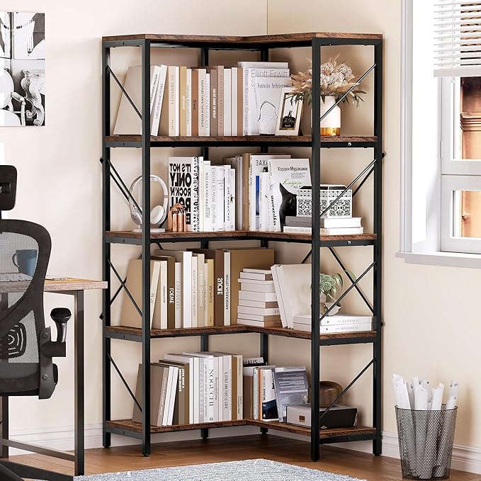 YITAHOME Corner Bookshelf, Industrial Corner Shelf 5 Tier Bookcase, Large Display Rack Storage for Bedroom, Living Room, Home Office,Rustic Brown - LeafyLoom