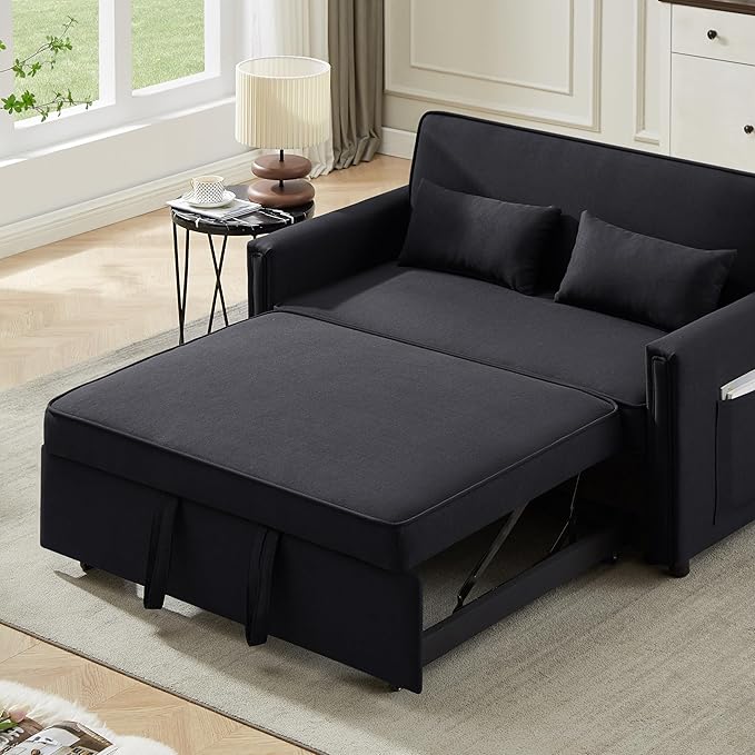3-in-1 Linen Upholstered Sofabed Tufted Futon Loveseat Sofa Convertible Sleeper Couch Bed with Reclining Backrest and 2 Lumbar Pillows,Modern 2-Seaters Love Seat Daybed for Living Room - LeafyLoom
