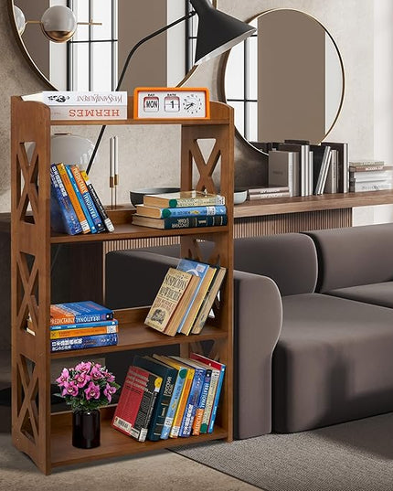 Open Bookshelf, 4 Tier Bookcase, Small Bookshelf, wooden Book Shelf Kitchen shelf, Freestanding Display Storage Shelves, bookshelf for bedroom, Living Room and Office - LeafyLoom