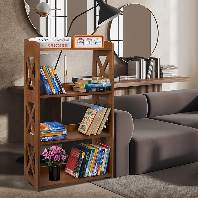 Open Bookshelf, 4 Tier Bookcase, Small Bookshelf, wooden Book Shelf Kitchen shelf, Freestanding Display Storage Shelves, bookshelf for bedroom, Living Room and Office - LeafyLoom
