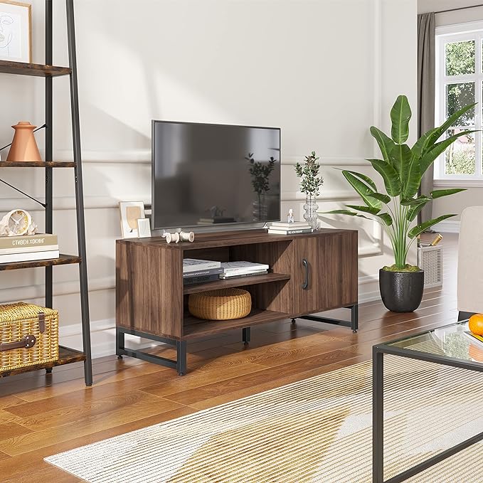Novilla Media Console, TV Stand for TV's up to 50" Flat Screen Living Room Storage Cabinet Doors and Shelves Entertainment Center, 43 Inches, Walnut - LeafyLoom