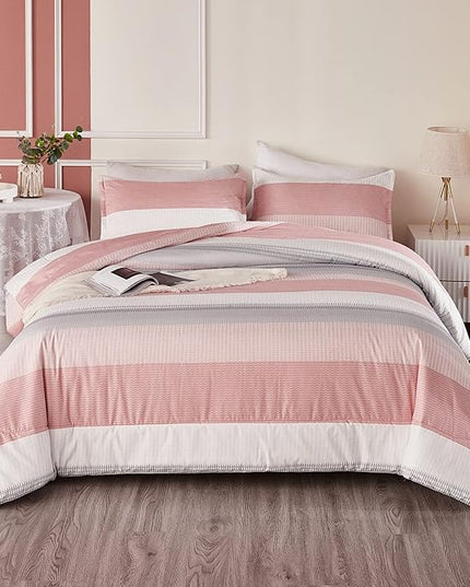 Litanika Pink King Size Comforter Set, 3 Pieces Blush White Colorblock Lightweight Bedding Comforter Set - LeafyLoom