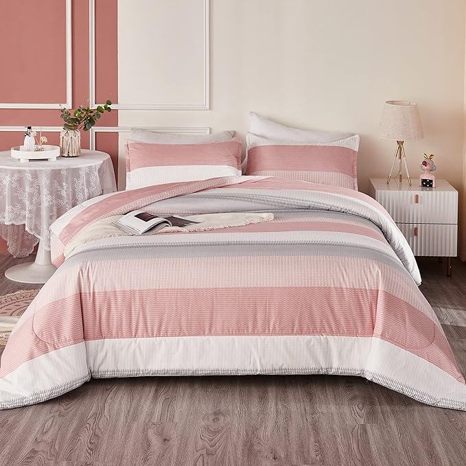 Litanika Pink Full Size Comforter Sets for Girls, 3 Pieces Blush White Colorblock Women Lightweight Bedding Comforter Set - LeafyLoom