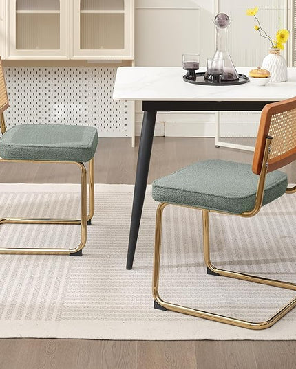 Rattan Dining Chairs Set of 2, Mid Century Modern Sherpa Dining Room Kitchen Chairs with Cane Back, Metal Chrome Legs, Upholstered Wicker Armless Accent Chairs, Green - LeafyLoom