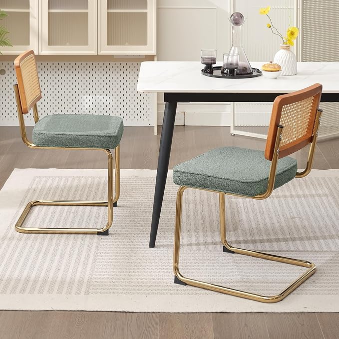Rattan Dining Chairs Set of 2, Mid Century Modern Sherpa Dining Room Kitchen Chairs with Cane Back, Metal Chrome Legs, Upholstered Wicker Armless Accent Chairs, Green - LeafyLoom