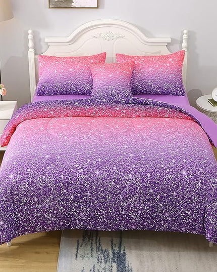 JQinHome Pink Purple Comforter Set Full/Queen Size, 6 Piece Bed in A Bag 3D Colorful Bedding Set for Girls Women (1 Comforter,2 Pillowcases,1 Flat Sheet,1 Fitted Sheet,1 Cushion Cover) - LeafyLoom
