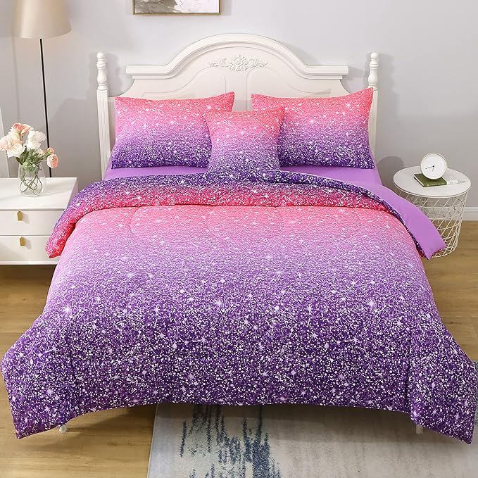 JQinHome Twin Pink Purple Comforter Set, 6 Piece Bed in A Bag 3D Colorful Bedding Set for Girls kids (1 Comforter,2 Pillowcases,1 Flat Sheet,1 Fitted Sheet,1 Cushion Cover)(Pink Purple) - LeafyLoom