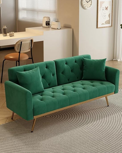 Velvet Upholstered Modern Convertible Futon Couch Folding Sofa Bed Recliner Lounge Loveseat Daybed Sofacama with Adjustable Backrest and Golden Legs for Small RV Living Room Office, Green 68.3" - LeafyLoom