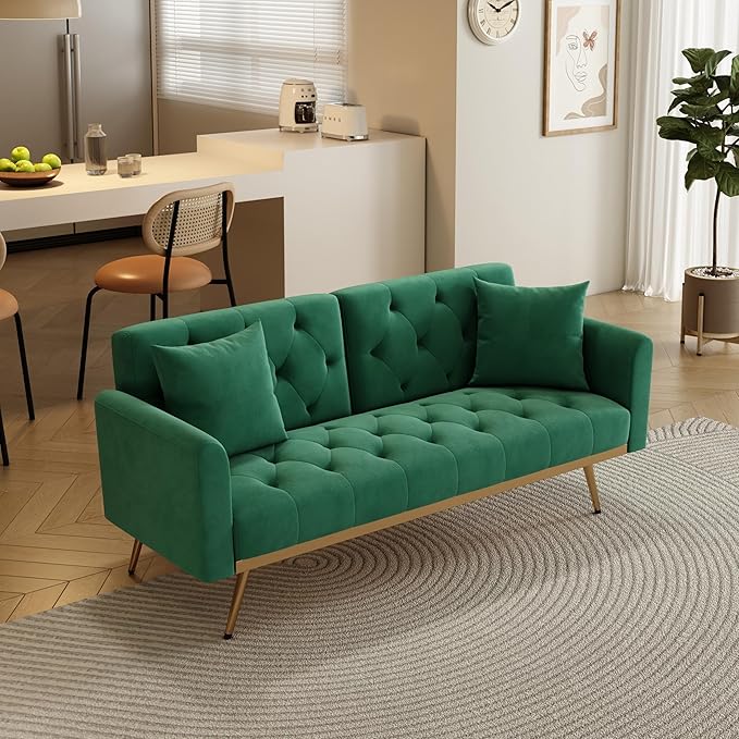 Velvet Upholstered Modern Convertible Futon Couch Folding Sofa Bed Recliner Lounge Loveseat Daybed Sofacama with Adjustable Backrest and Golden Legs for Small RV Living Room Office, Green 68.3" - LeafyLoom