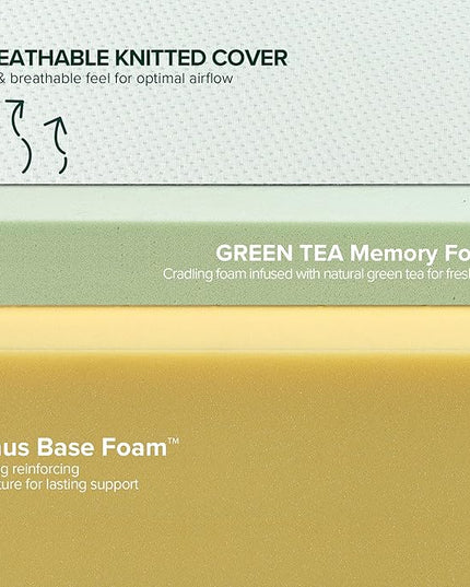 ZINUS 6 Inch Green Tea Memory Foam Mattress, King, Fiberglass Free, Patented Custom Contour Support, Sturdy Base Foam, CertiPUR-US Certified, Mattress in A Box, White - LeafyLoom