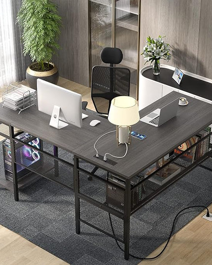 Unikito L Shaped Desk, Reversible Corner Computer Desks with Power Outlet and USB Charging Port, L- Shaped Office Desk with Storage Shelf and Under Bookshelf, Modern 2 Person Long Table, Enoch Walnut - LeafyLoom