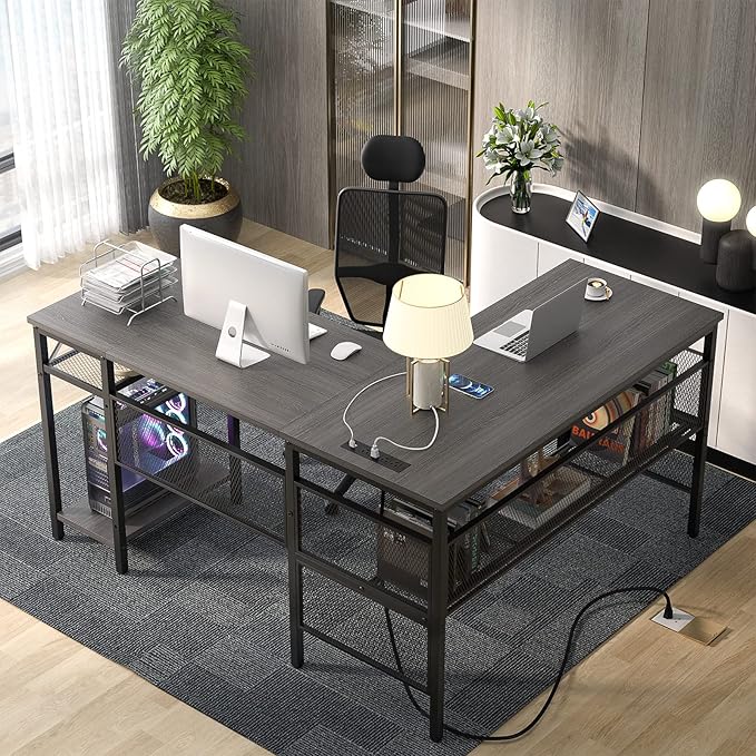 Unikito L Shaped Desk, Reversible Corner Computer Desks with Power Outlet and USB Charging Port, L- Shaped Office Desk with Storage Shelf and Under Bookshelf, Modern 2 Person Long Table, Enoch Walnut - LeafyLoom