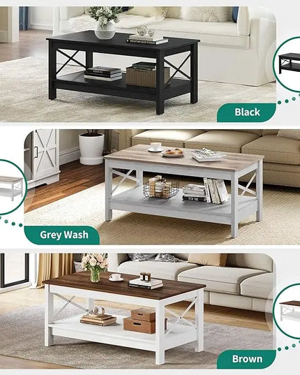 YITAHOME Coffee Table for Living Room,Modern Farmhouse Coffee Table with Storage,2-Tier Center Table for Living Room Wood Living Room Table Accent Cocktail with Sturdy Frame,Brown - LeafyLoom