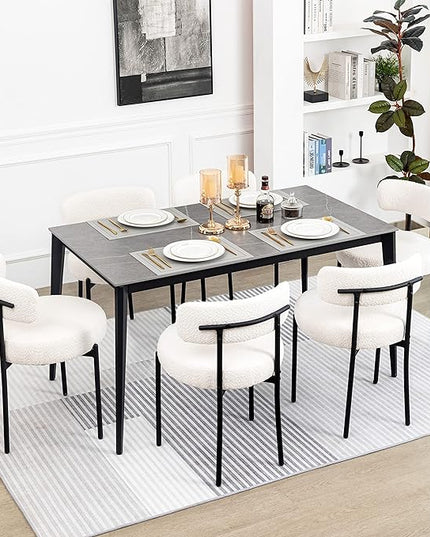DYHOME Dining Chairs Set of 6, White Boucle Dining Chairs for Kitchen, Dining Room Chairs Curved Backrest Upholstered Mid Century Modern Dining Chairs with Black Metal Legs - LeafyLoom
