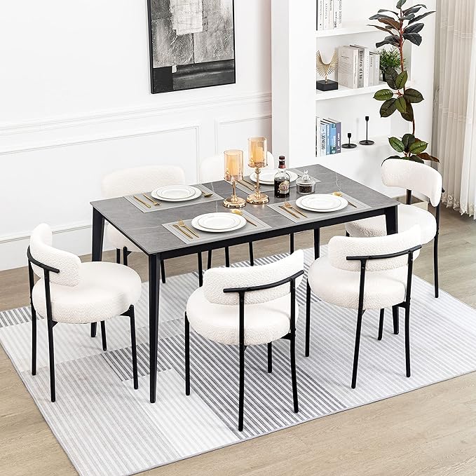 DYHOME Dining Chairs Set of 6, White Boucle Dining Chairs for Kitchen, Dining Room Chairs Curved Backrest Upholstered Mid Century Modern Dining Chairs with Black Metal Legs - LeafyLoom