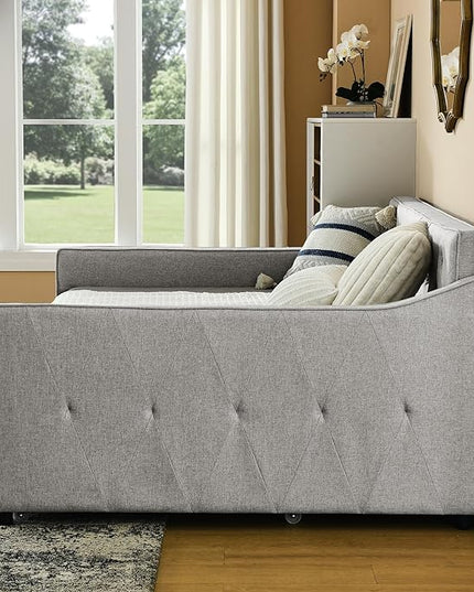 Full Size Upholstered Daybed with Twin Size Trundle, Tufted Sofa Bed w/Waved Shape Arms, for Bedroom Living Room, No Box Spring Needed & Space-Saving Design, Beige - LeafyLoom