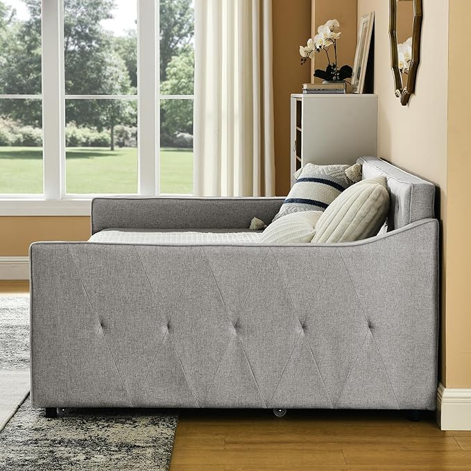 Full Size Upholstered Daybed with Twin Size Trundle, Tufted Sofa Bed w/Waved Shape Arms, for Bedroom Living Room, No Box Spring Needed & Space-Saving Design, Beige - LeafyLoom