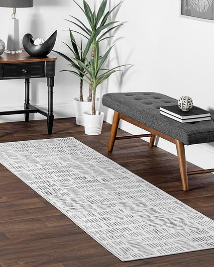 nuLOOM Mitzi Abstract Lines Machine Washable Ultra Thin Runner Rug, 2' 6" x 8', Light Grey - LeafyLoom